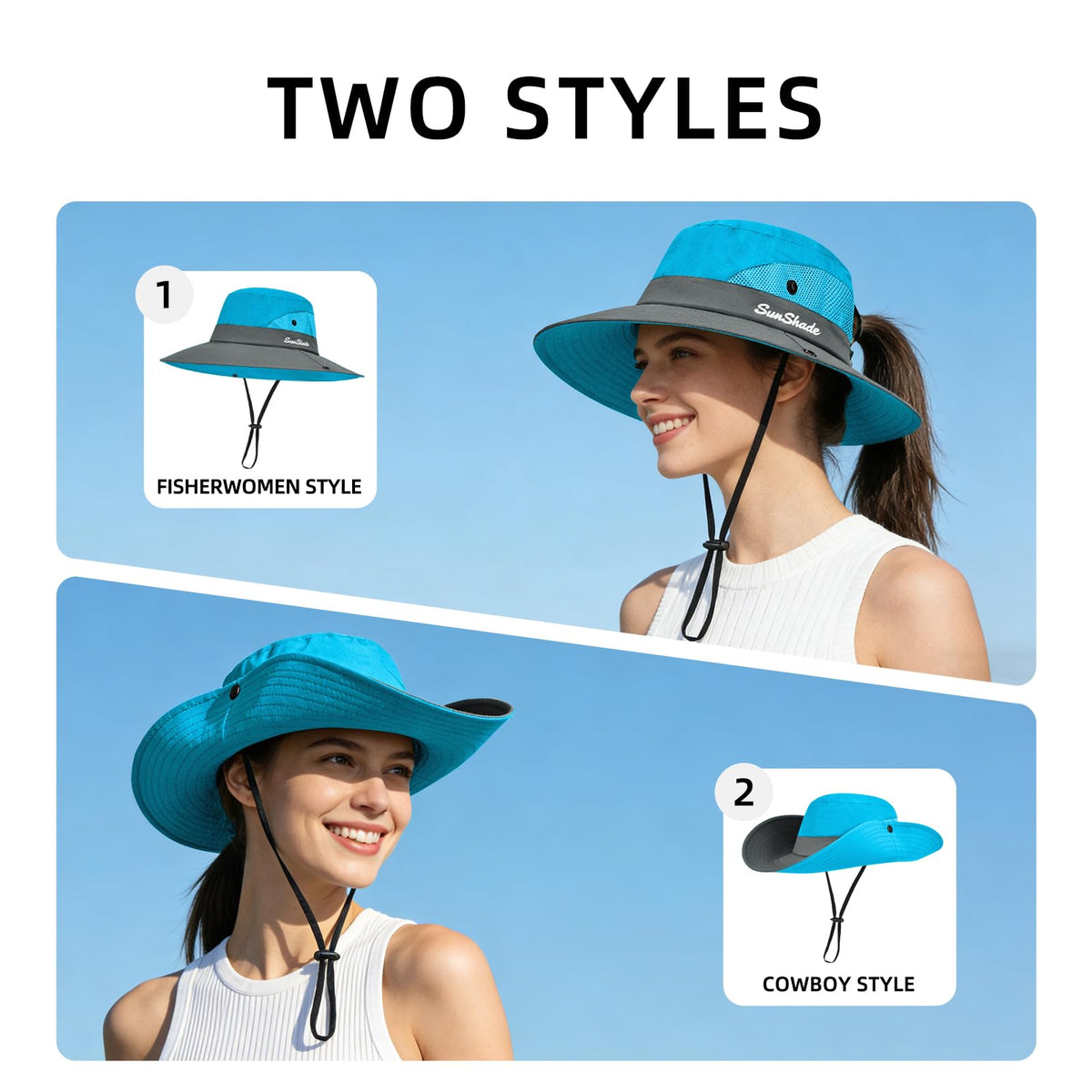 Ponytail Sun Bucket Hats for Women UV Protection Foldable Wide Brim (1-blue)