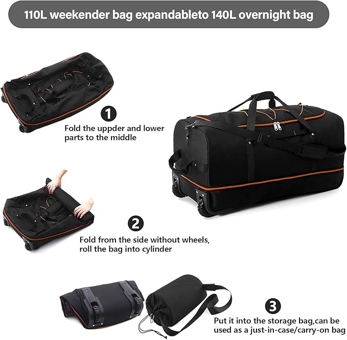 Rolling Duffle Bag with Wheels, 110L/140L Expandable Soft-Sided Foldable Duffle - Image 5