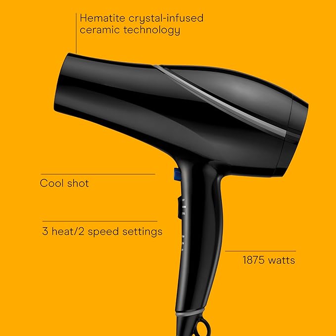 Conair Hair Dryer Style & Shine Natural Crystal Collection, 1875W Hairdryer, 3 Heat Settings, 2 Speeds, Blow Dryer with Concentrator Attachment, Ionic & Hematite-Infused Ceramic Technology, Black