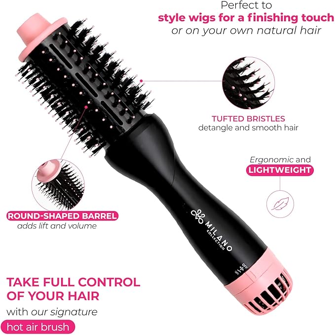Milano Collection Hot Air Hair Brush Dryer, Quick & Easy Styling, Hair Volumizer for Human Hair Wigs & Natural Hair, Lightweight Round-Shaped Barrel Blow Dry Brush, Black