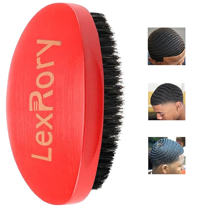 360 Curved Wave Brush - Medium Hard Palm Brush with Beech Wood and Boar Bristles for Men's Hair Styling and Beard Grooming (Red)