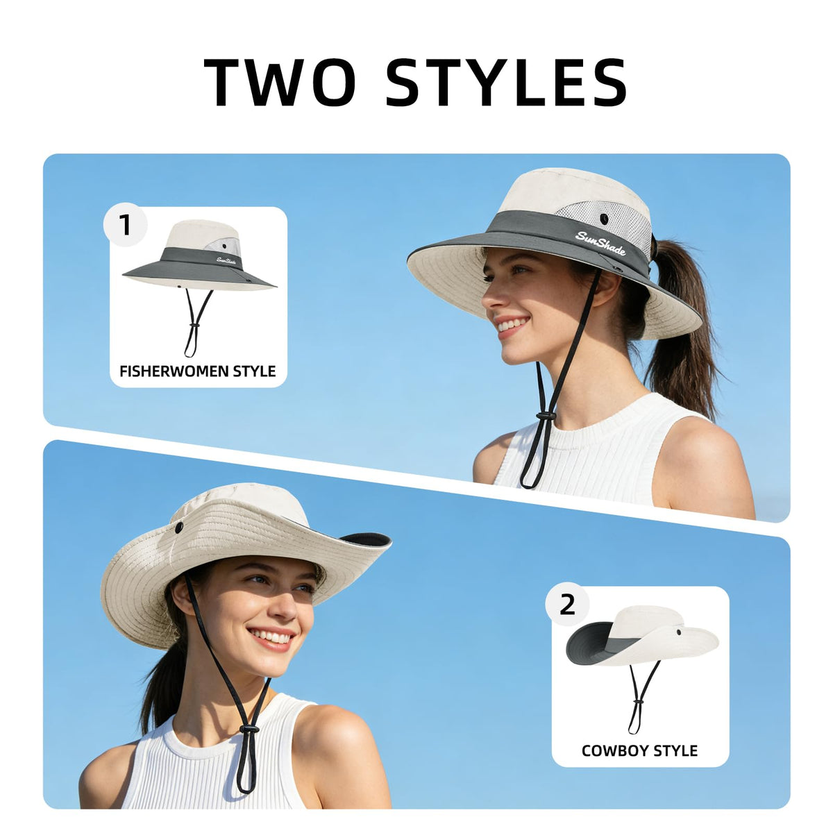 Ponytail Sun Bucket Hats for Women UV Protection Foldable Wide Brim (1-pack-beige)