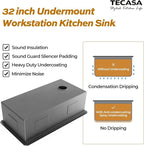 32 Inch Workstation Kitchen Sink, TECASA Undermount Deep Single Bowl, Stainless - Image 6