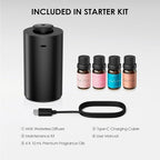 Airversa Waterless Essential Oil Diffuser Starter Kit with 4 x 10mL Fragrance Scent Oil, Battery Operated Mini Scent Air Machine Portable Diffuser for Home Car Office, ANX Black Kit01