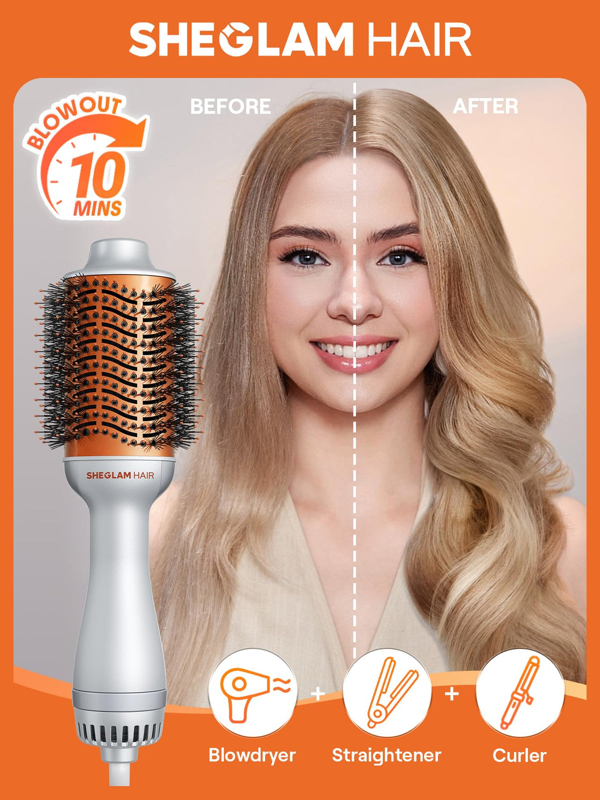 4-in-1 Hot Air Brush - Hair Dryer & Styler with 33000 RPM Motor, Gloss PRO Coating for Shine, 3 Heat Settings, Tangle-Free Ionic Bristles for Frizz-Free Blowouts (US Plug) (Standard)