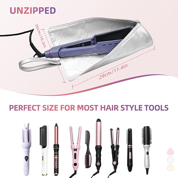 2-in-1 Heat Resistant Mat & Bag for Hair Styling Tools, Hanging Curling Iron Holder Flat Iron Holder with Zip, Portable Hot Hair Tools Travel Bag, Hair Straightener Mat Pouch for Countertop