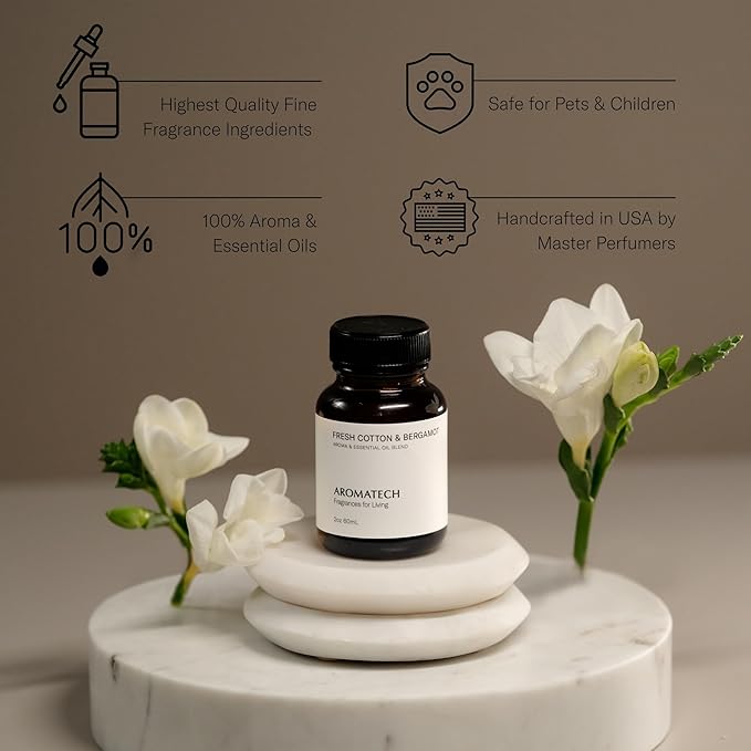 AromaTech Ambience Scent Diffuser for Essential Oil Blends & Fragrances – Waterless Scent Machine w/Bluetooth for Home, Bathroom Boutiques, Hotel, Spa – White Stone with 60 ml Oil