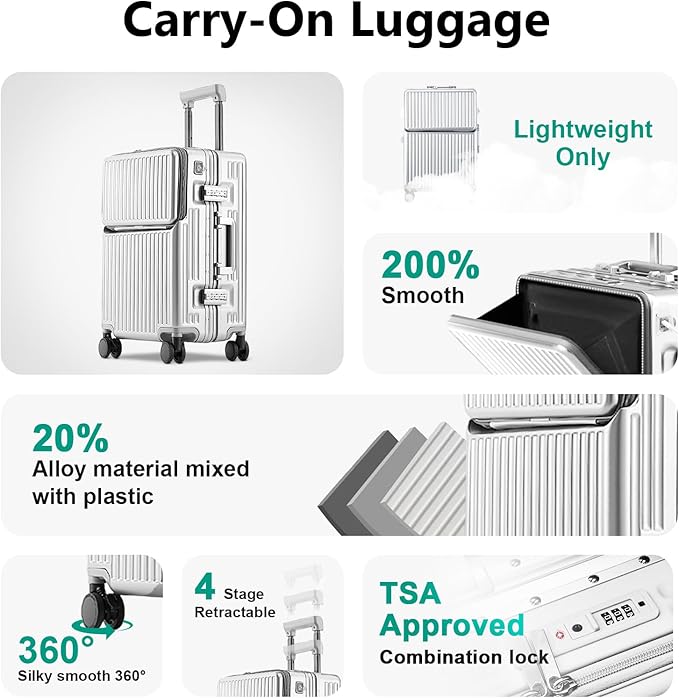 Hard Shell Luggage 20 Inch Travel Suitcase, ABS Aluminum Frame, Lightweight - Image 4