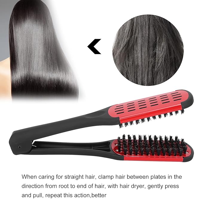 Clamp Hair Straightening Brush - Double-Sided Bristle Brush for Hair Straightening, Styling and Hairdressing for Women and Men (Red)