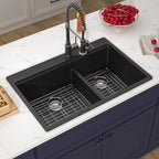 33 Inch Drop in Granite Composite Black Kitchen Sink-Donsdey Double Bowl - Image 4