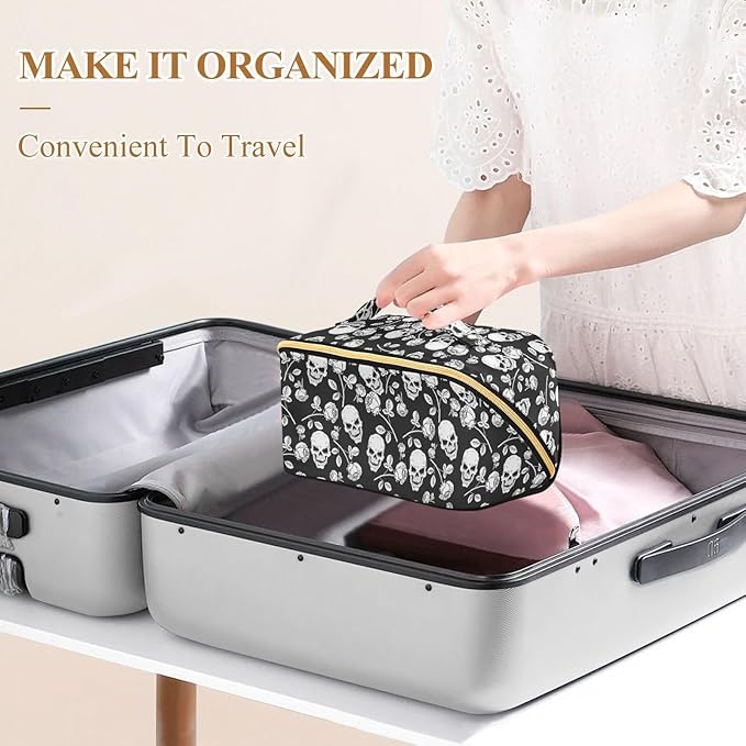 Makeup Organizer Bag, Skull with Rose Print Travel Makeup Bags Makeup Vanity Case Large Capacity Rhombus Cosmetic Toiletry Bag for Girl Women Ladies