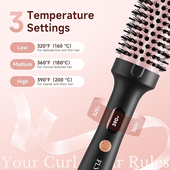 Thermal Brush, 1 1/2 inch Heated Round Brush with 3 Temperature Settings, Easy to Create Blowout Look, Pouch and Dual Voltage for Travel