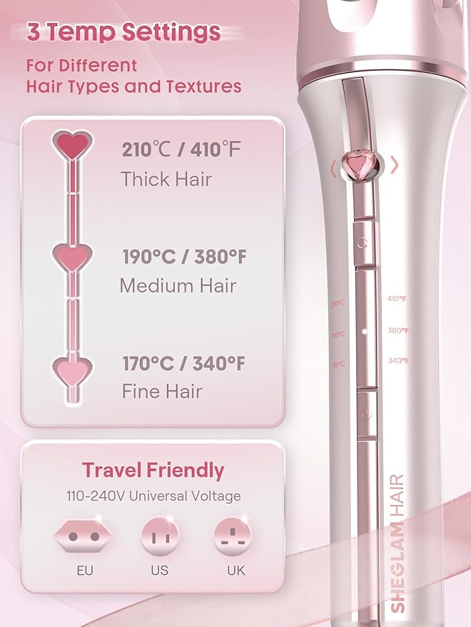 SHEGLAM Pink Curling Iron Automatic Gift for Woman (Pink, 1.25 inch) Cupid's Charm One-Touch Instant Curler