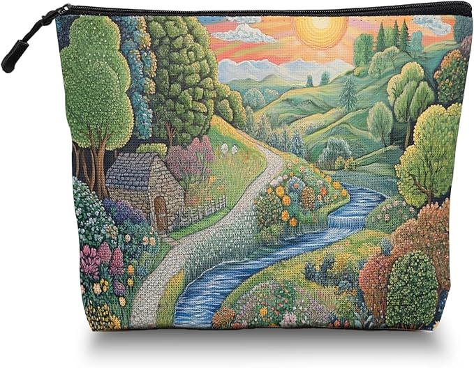 Cosmetic Bags Travel Makeup Toilet Case Waterproof Pouch for Women Girls 6.7X9.45inches - Idyllic Country Landscape With Path And Sun