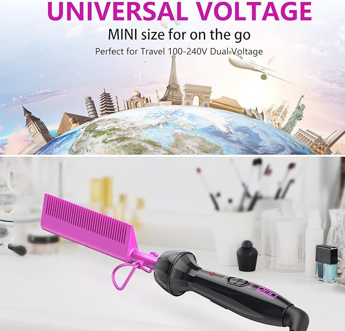 Dan Technology Mini Hot Pressing Comb 450℉ Dual Voltage Electric Straightener for Wigs and Natural Black Hair - Travel & Home Use