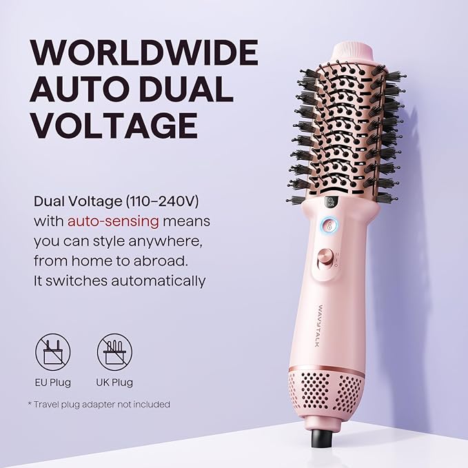 Wavytalk Dual Voltage Hair Dryer Brush for Europe and International Travel, 110V-240V Mini Jet Brush, Ionic Hair Dryer Brush Reduces Damage, Anti-Frizz Straight Hair, Curls and Blowouts, Volumizing