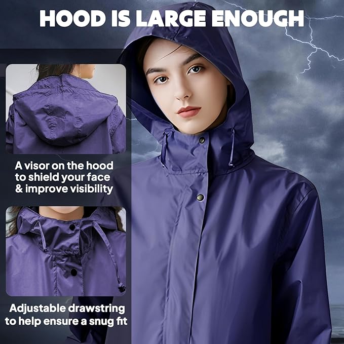 ANYOO Waterproof Rain Poncho Lightweight Reusable Hiking Hooded Coat Jacket - Image 4