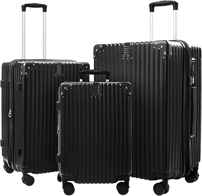 3-Piece Expandable Luggage Set Suitcase in Classic Black -Double Wheel by SONSENAI