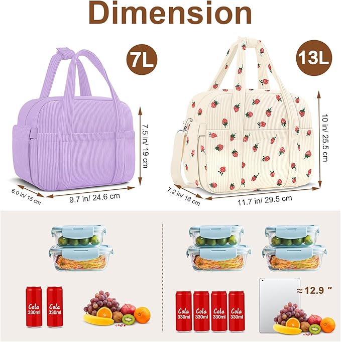 Corduroy Lunch Box Lunch Bag for Women Men, Cute Strawberry Small Insulated - Image 6