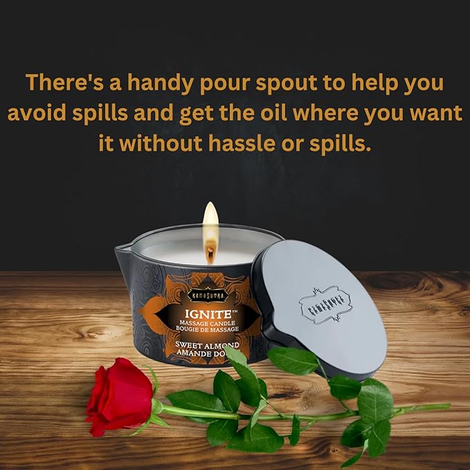KAMA SUTRA Ignite Massage Candle - Coconut Oil and Soy Based - Sweet Almond, 6 oz/170 g Sore Muscle Massage Oil - Moisturizing - Natural Therapy Oil - Warming, Relaxing, Sensual Massage