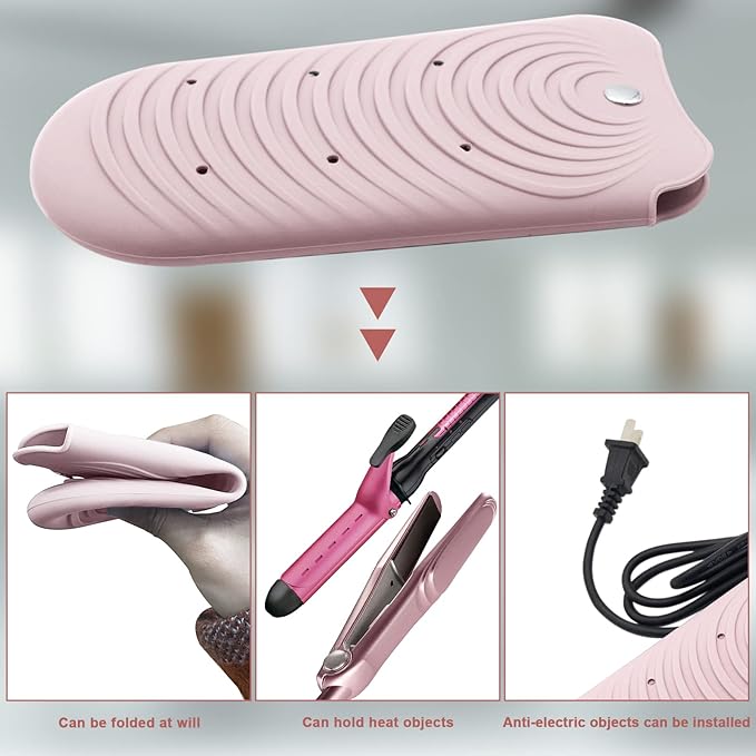 Heat Insulating Silicone Mat Pouch for Hair Styling Tools, Curling & Flat Irons Anti-Slip Travel Cover, Small Portable Straightener Pad for Curler Wands Storage, Hot Waver (Pink)