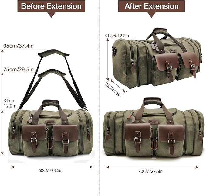 Wildroad 60L Travel Duffel Bag, Expandable Canvas Genuine Leather Duffle Bag - Image 5