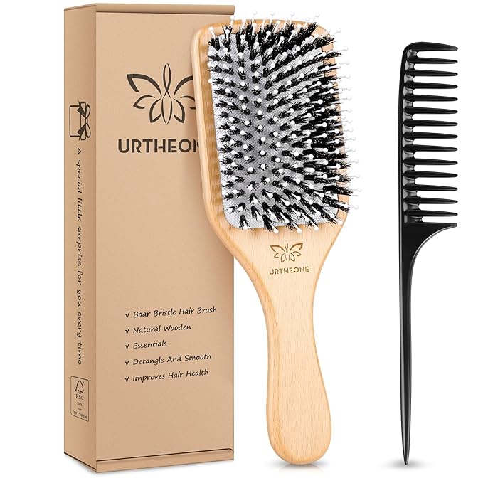 URTHEONE Hair Brush,Boar Bristle Hair Brushes and Styling Comb Set for Women Men Kids, Best Natural Wooden Paddle Hairbrush for Wet or Dry Hair Detangling Smoothing Massaging