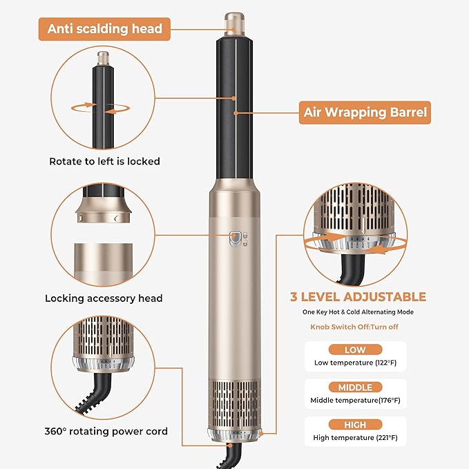 5 in 1 Hair Dryer Brush Set,Professional Negative Ionic Hot Air Styler, Air Curling Wrap Styler,Detachable Blow Dryer Brush With Auto Wrap Curlers,Hair Styling Tools For Straight/Curl/Drying/Smoothing