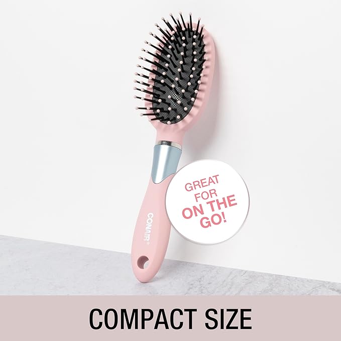 Conair Velvet Touch Cushion Hair Brush, Compact Travel Detangler Brush for Curly or Straight Styles, Flex Cushion Base for Stress-Free Brushing, Blush Pink