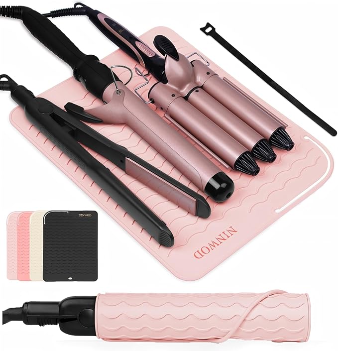 Oversize Large Silicone Heat Resistant Mat, 13.19" x 10.24" Professional Heat Mat for Curling Iron, Portable Vanity Decor Makeup Mat with Velcro Cover for Travel Vanity Salon (Pink)