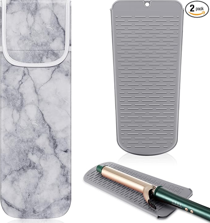 Shappy 2 Pcs Heat Resistant Hair Tools Bag Curling Iron Travel Case Cover Neoprene Flat Iron Holder Travel Case and Silicone Mat Pouch for Hot Hair Tools Storage Organizer(Marble Style)