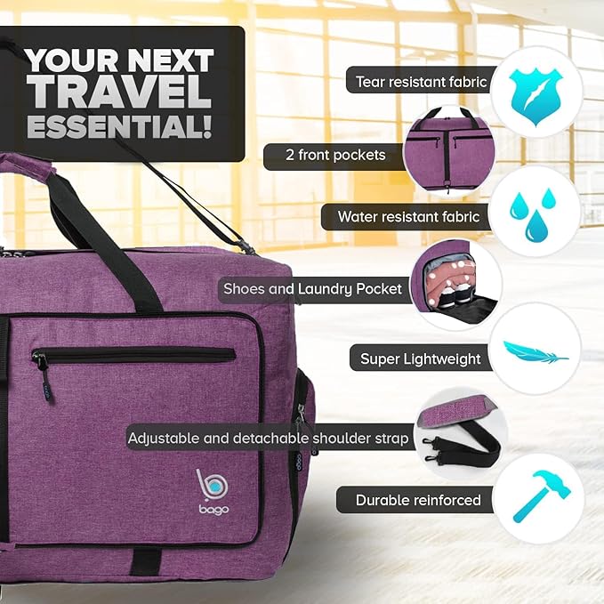 Bago Foldable Duffel Bags for Traveling Women & Men - 60L Medium Packable - Image 3