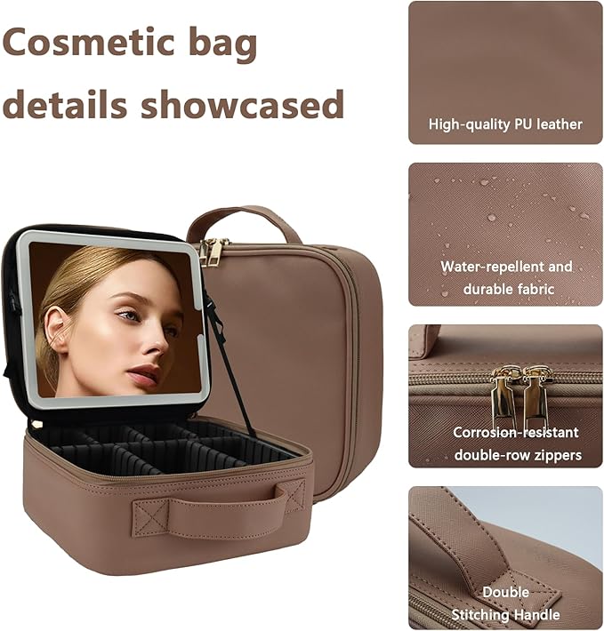 Travel Makeup Bag with LED Lighted Mirror, Travel Makeup Organizer, 3 Color - Image 6