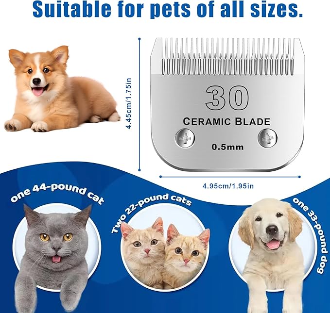 30# Detachable Pet Dog Grooming Clipper Ceramic Blade,Compatible with Andis Size 30 Cut Length 1/50"(1.5mm),Compatible with andis/wahl/Oster Dog Clippers 3PCS