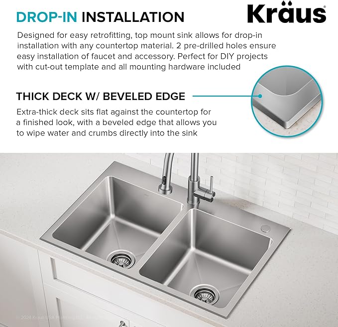 KRAUS Fairlane 33-inch Drop In/Top Mount Double Bowl 18-Gauge Stainless Steel - Image 10