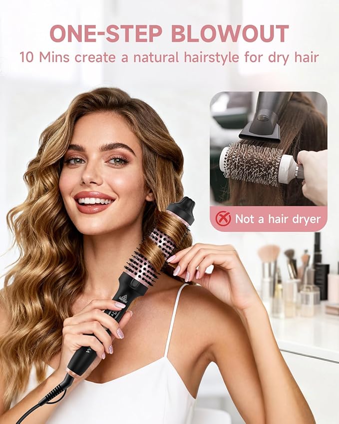 Thermal Brush, FLYZEMAA 1.5 Inch Curling Iron for Long Dry Hair, Heated Round Brush Straightener with 3 Temp Settings, 30s Fast Heat for Curling & Volumizing, Anti-Scald Nylon Bristles(Black)