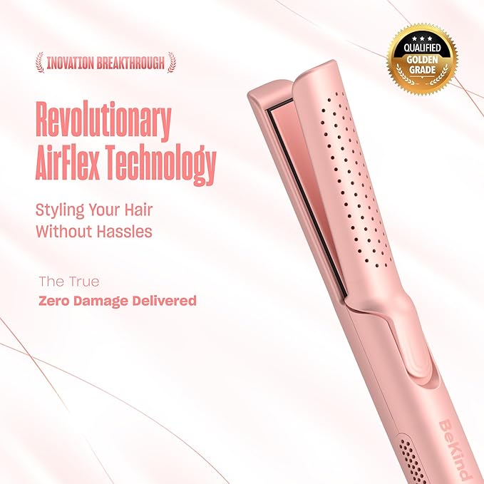 Hair Straightener and Curler 2 in 1 by BeKind Flex, 360° Hair Styler Flat Iron for All Styles, Floating Plates Design, Airflex Lower Temp for Better Styling, Gift for Girls and Women (Peach)