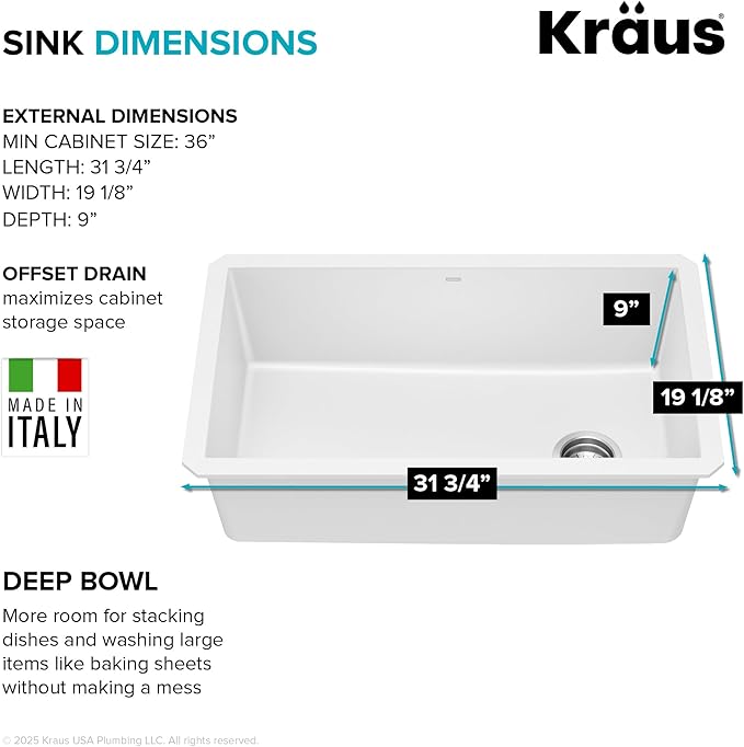 KRAUS Forteza 32-inch Granite Undermount Single Bowl White Kitchen Sink - Image 6
