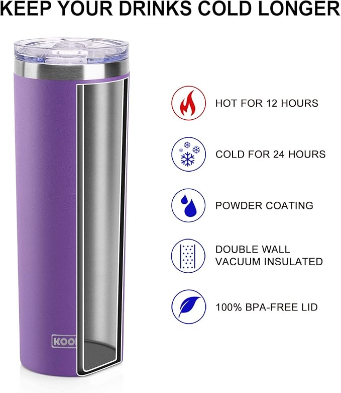 koodee 20 oz Skinny Tumbler Stainless Steel Double Wall Insulated Water Tumbler - Image 7