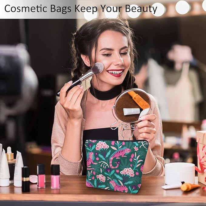 Lizard Cosmetic Travel Bag For Toiletries, Tropical Animal Floral Lizard Makeup Bag Toiletry Bags For Women, Flax Cosmetic Bags Make Up Bag Purse Toiletries Bag Birthday Gift