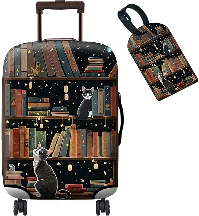 Luggage Cover + Tag, Cat Library Travel Suitcase Protector by BWEGRHE