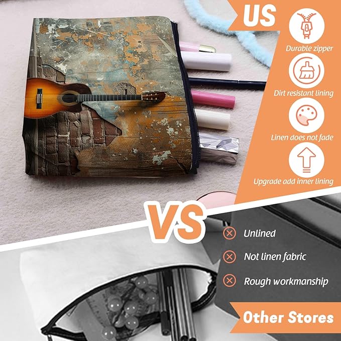 Cosmetic Bags Travel Makeup Toilet Case Waterproof Pouch for Women Girls 6.7X9.45inches - Guitar'S Solitary Pose Against A Rustic Wall