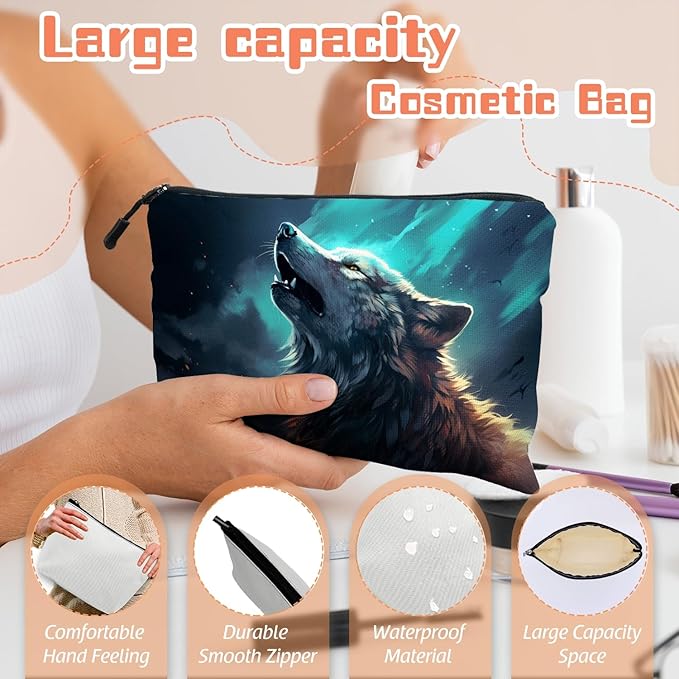 Cosmetic Bags Travel Makeup Toilet Case Waterproof Pouch for Women Girls 6.7X9.45inches - Wolf Howling Against A Mysterious Night Sky