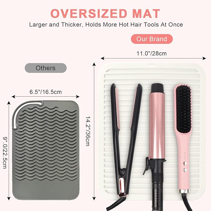 Oversize Silicone Heat Resistant Mat, Professional Hot Hair Tools Mat for Curling Iron, Flat Iron, Hair Straightener, Portable Hot Pad Cover with Velcro for Travel Home Salon(14.2" x 11.0")