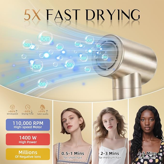 DORISILK 8 in 1 Hair Styler & Hair Dryer Brush Blow Dryer, 110,000 RPM High-Speed Hot Brush Styler Auto Wrap Curlers, Frizz-Free Ionic for Straightening Curling Volumizing Fast Drying, Champagne Gold