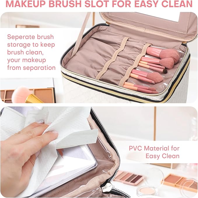 Large Makeup Bag with Mirror Double Layer Travel Make Up Organizer Case - Image 6