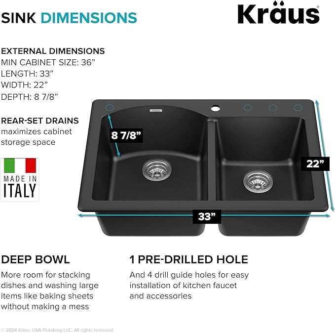 KRAUS Forteza 33-inch Drop In/Undermount 60/40 Double Bowl Granite Kitchen Sink - Image 4