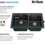 KRAUS Forteza 33-inch Drop In/Undermount 60/40 Double Bowl Granite Kitchen Sink - Image 4