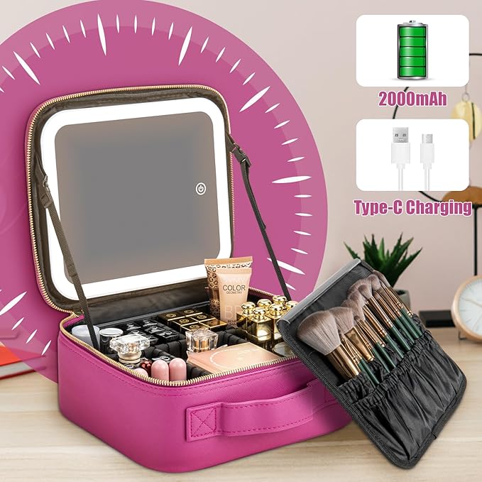 Makeup Travel Train Case with Mirror LED Light 3 Adjustable Brightness Large - Image 5