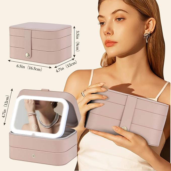 Travel Jewelry Case with LED Lighted Mirror, Personalized Birthday Gifts - Image 5